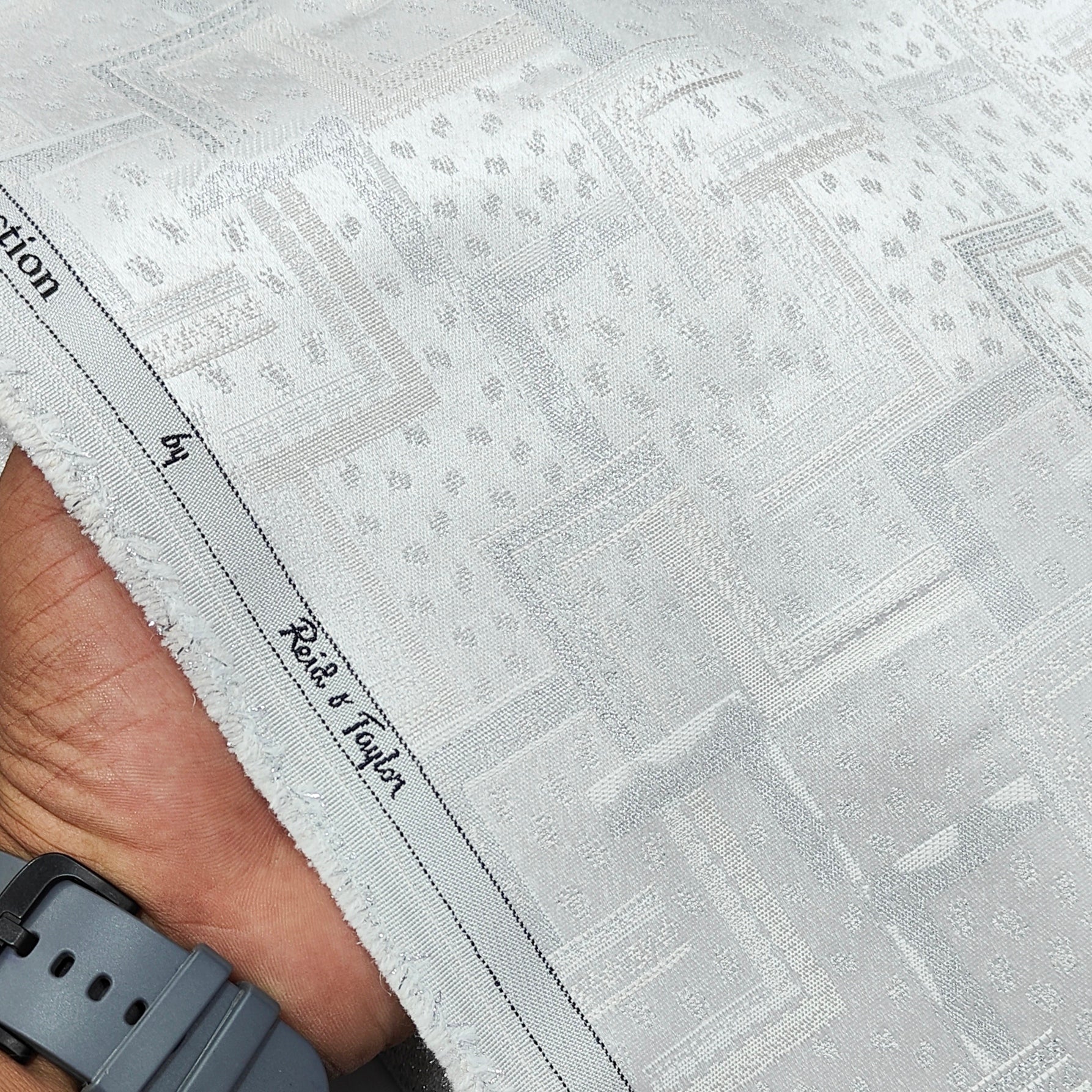 Reid & Taylor Jacquard Premium Bandhgala Fabric Colour Shiny Silver White